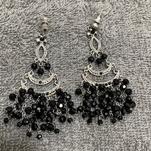 Black Bead Chandelier Earrings with Silver Accents
